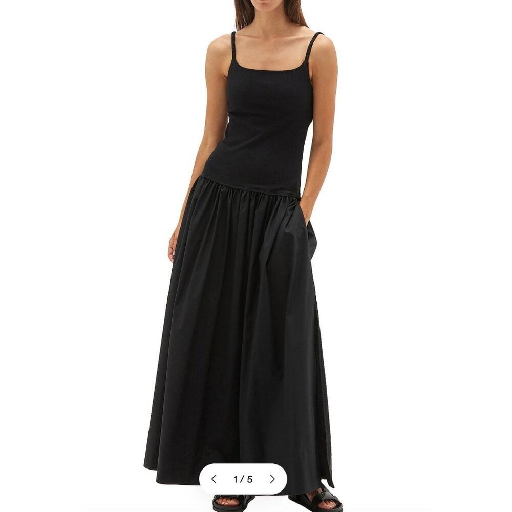 Bassike Thin Gathered Strap Maxi Dress Ribbed Drop Waist Black Size 1 or US 4